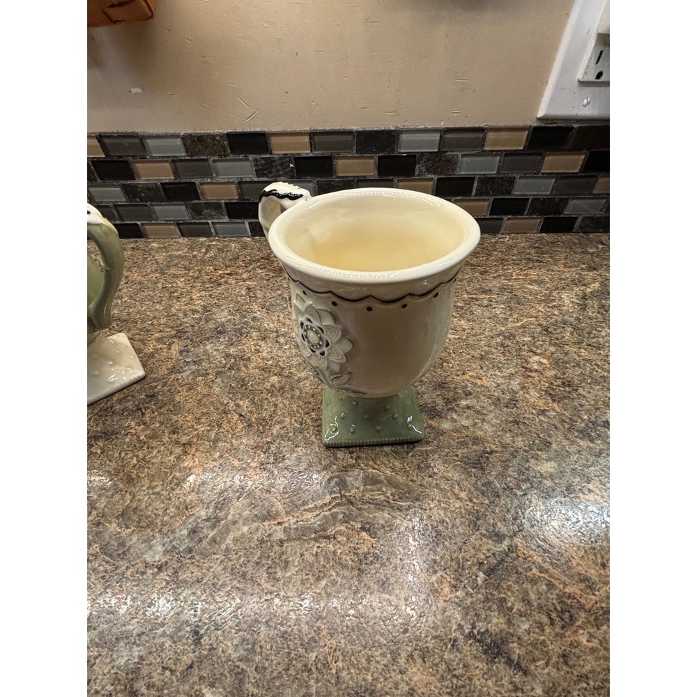 Ceramic Footed Floral Mugs Set of 3 Sage Green Cream Cottage core - Picture 4 of 11